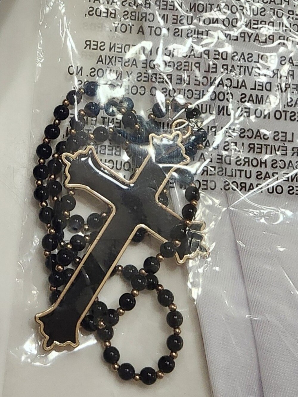 Black Beaded Ball Chain Necklace with Large Cross Pendant – 24" Costume Jewelry